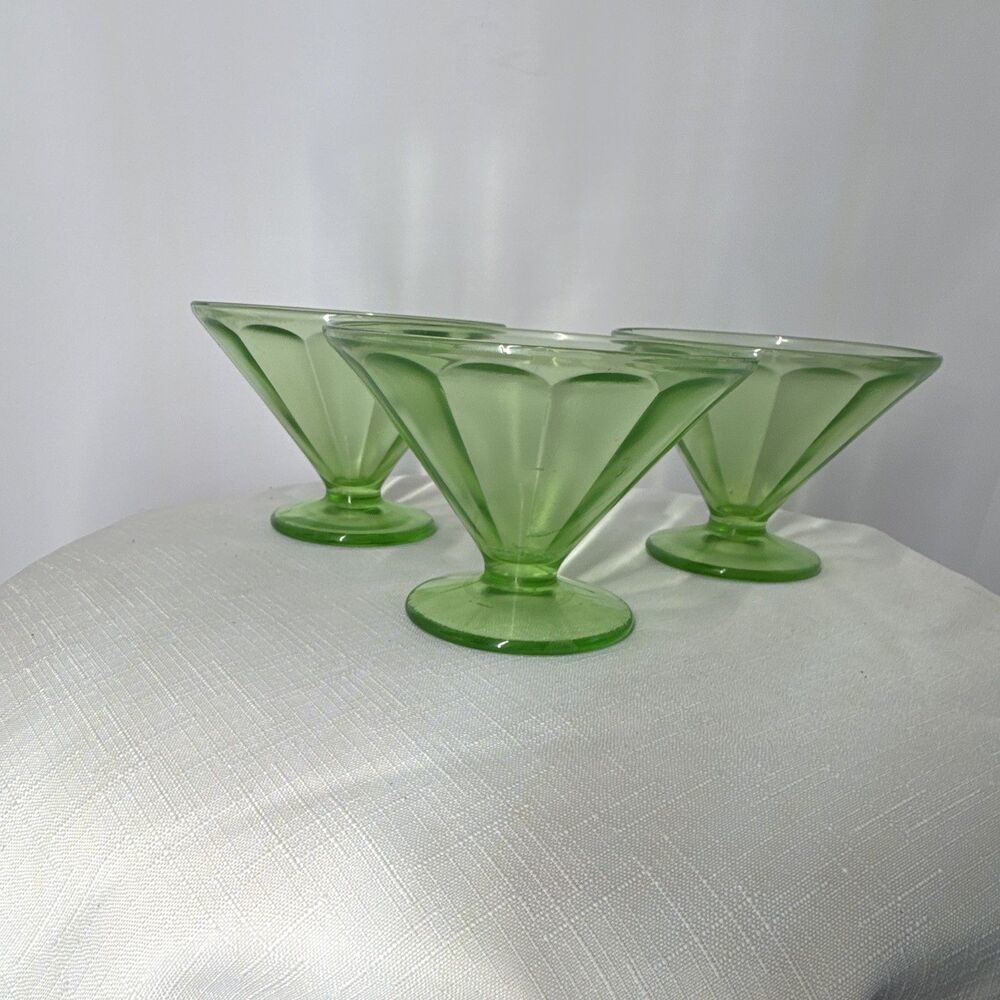 Green Uranium Glass Sherbet Cups Set of 3 Federal Glass Paneled Optic GLOWS